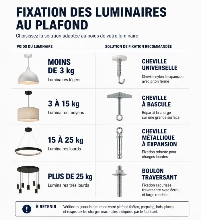 Infographie des solutions de fixation pour remplacer un crochet DCL par une vis selon le poids du luminaire