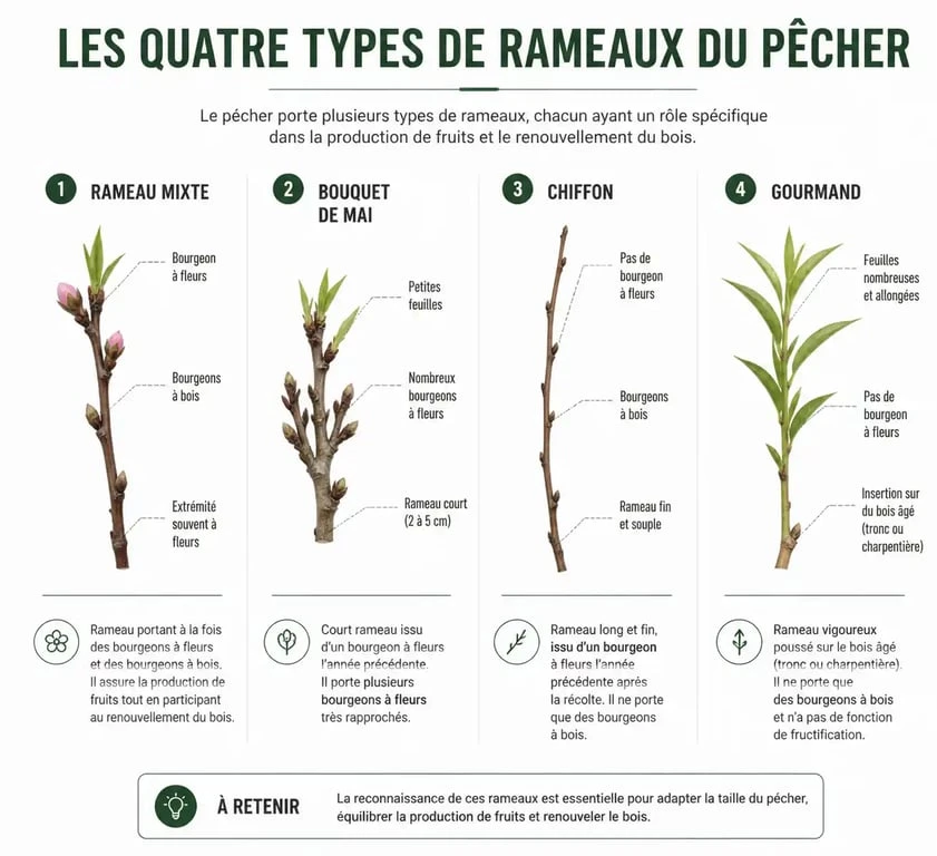 Schéma explicatif des différents types de rameaux pour la taille du pêcher
