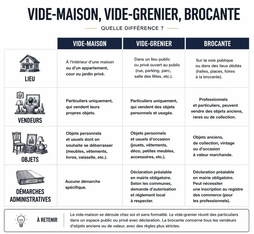 Tableau comparatif des différences entre vide-maison, vide-grenier et brocante dans les Landes