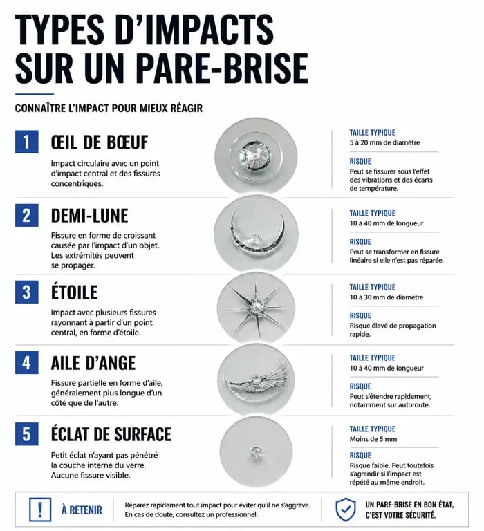 Schéma illustrant les différents types d'impacts sur un pare-brise pour aider à identifier les dommages.
