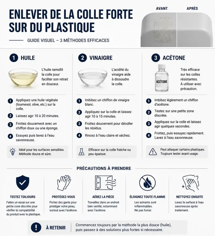 Infographie comparative des méthodes pour enlever de la colle forte sur du plastique sans l'abîmer