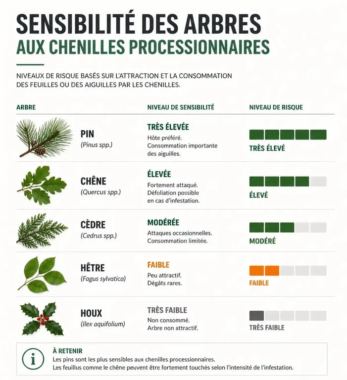 Infographie des arbres sensibles aux chenilles processionnaires
