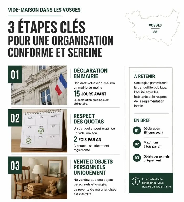 Infographie des étapes pour organiser un vide-maison dans le 88
