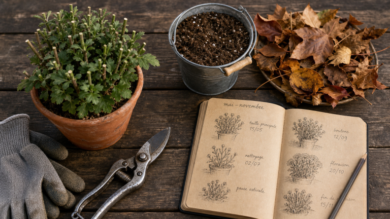 Taille chrysanthème : pot et sécateur pour floraison dense