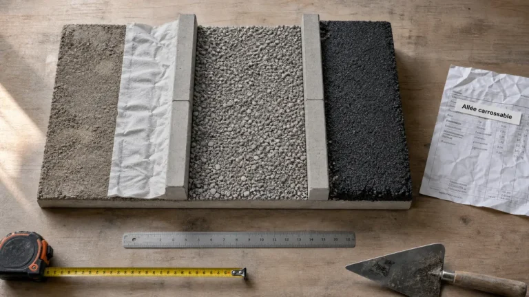 Allée carrossable pas chere : fondation gravier sur géotextile