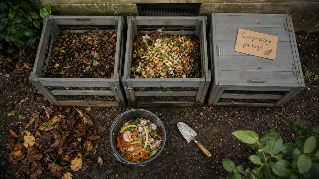 Photo compostage collectif : site de compost partagé en pied d’immeuble