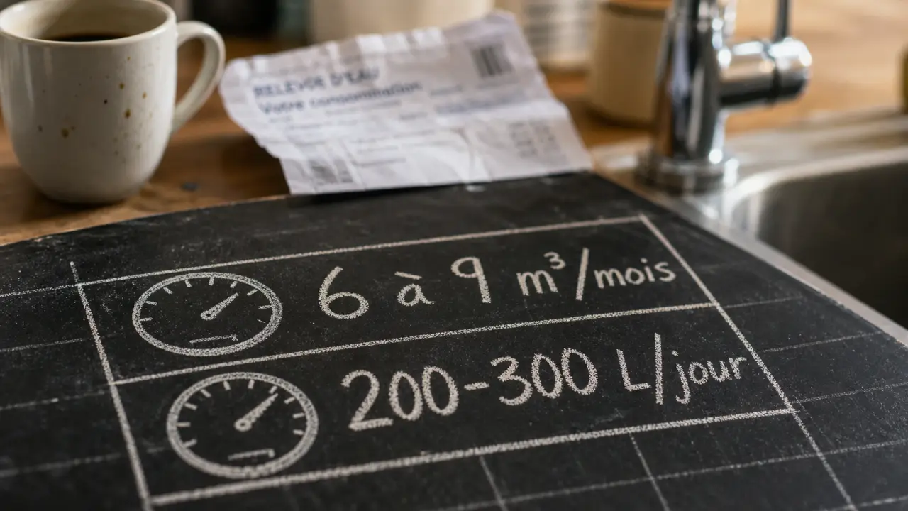 Consommation moyenne eau pour 2 personnes : 6 à 9 m³/mois, repères L/jour