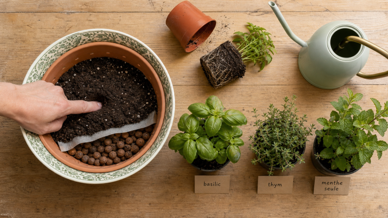 Cultiver des aromatiques en pot : billes d’argile et terreau pour drainage