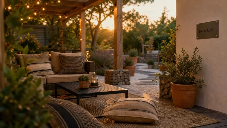 Déco jardin extérieur : terrasse lumineuse et guirlande en golden hour