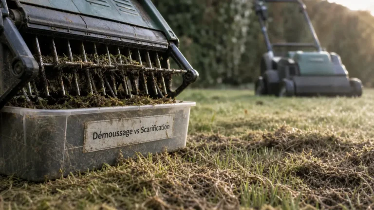 Démousseur ou scarificateur : mousse et feutre épais sur pelouse humide, gros plan