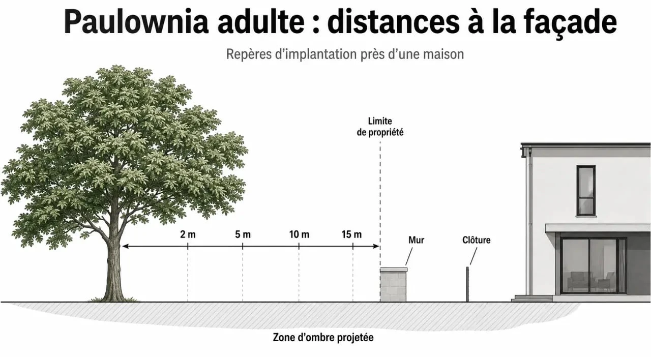 Paulownia distance maison : schéma visuel des distances recommandées entre un arbre adulte et une habitation