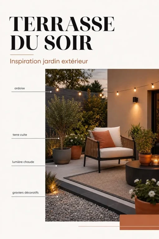 Idée de déco jardin extérieur avec terrasse, guirlande lumineuse, pots et graviers décoratifs