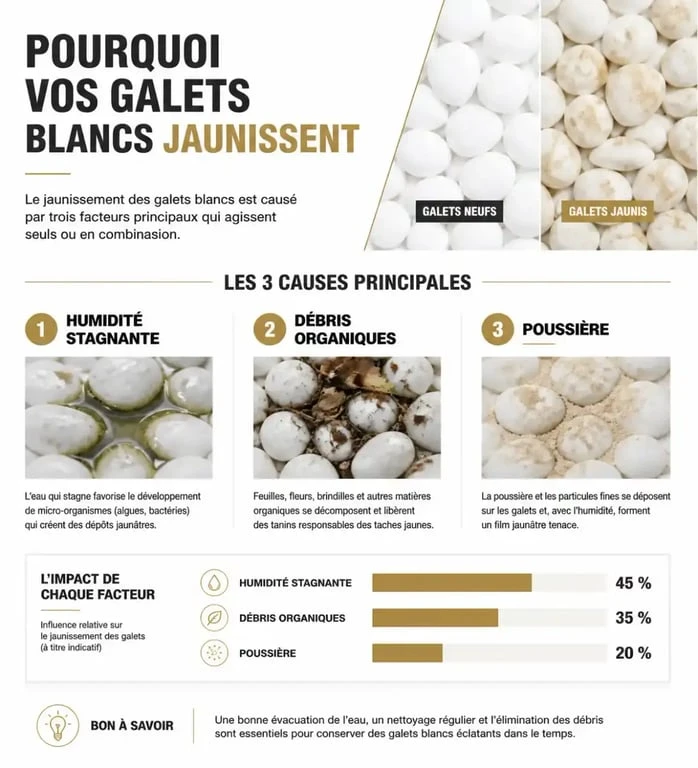 Infographie explicative sur les causes de salissure des galets blancs et comment les nettoyer
