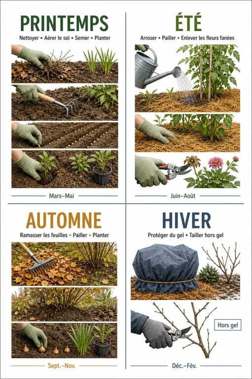 Calendrier visuel pour entretenir son jardin au fil des saisons avec les travaux à faire au printemps, en été, en automne et en hiver