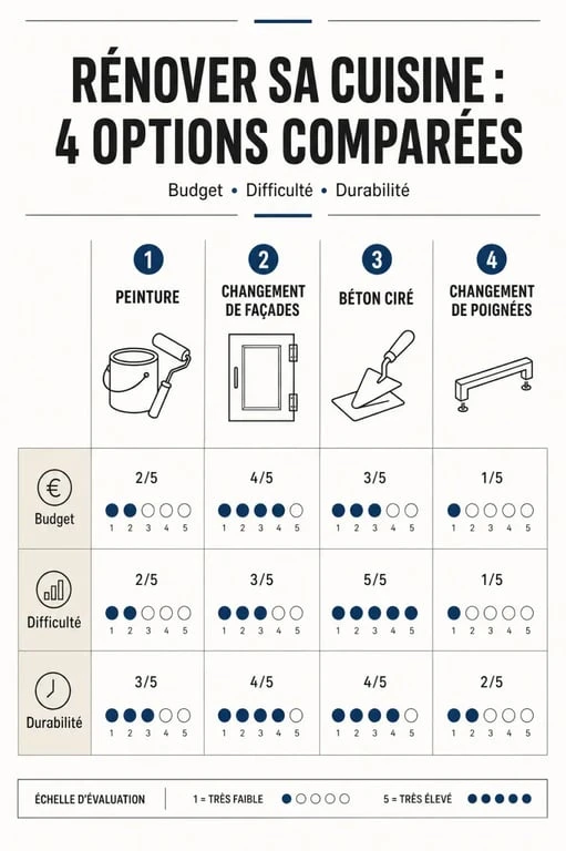 Infographie comparative des solutions pour rénover sa cuisine sans changer les meubles