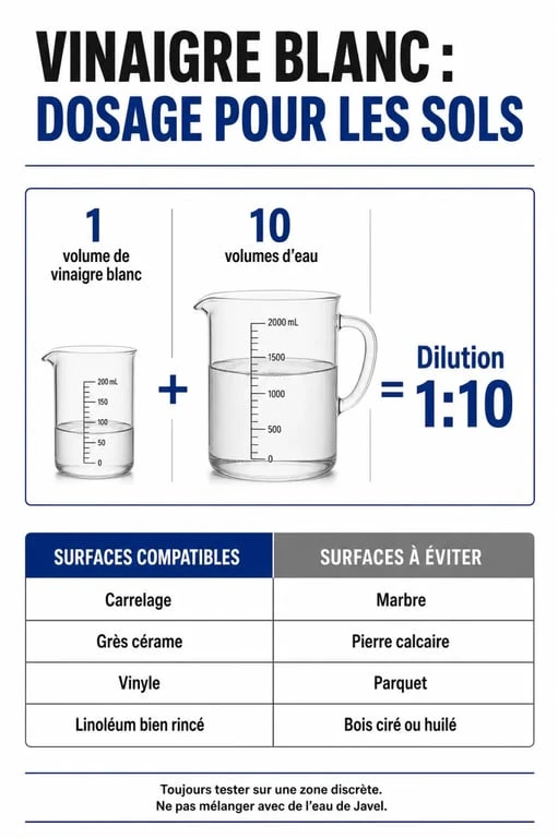Infographie sur le nettoyage des sols au vinaigre blanc : dosages et compatibilité des surfaces