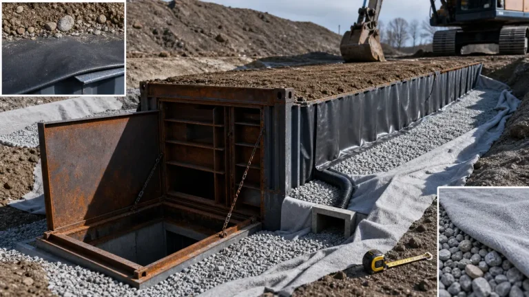 Enterrer un container : trappe acier et drainage avec membrane EPDM