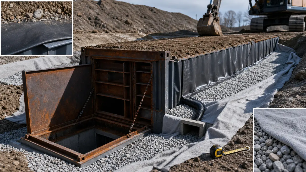 Enterrer un container : trappe acier et drainage avec membrane EPDM