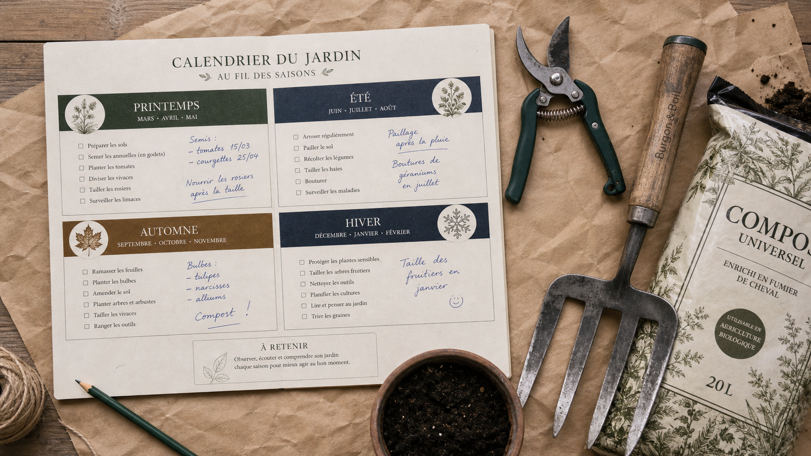 Calendrier pour entretenir son jardin au fil des saisons : printemps, été, automne, hiver