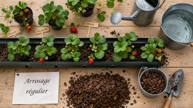 Plantation fraisier en hauteur : collet au substrat et arrosage régulier