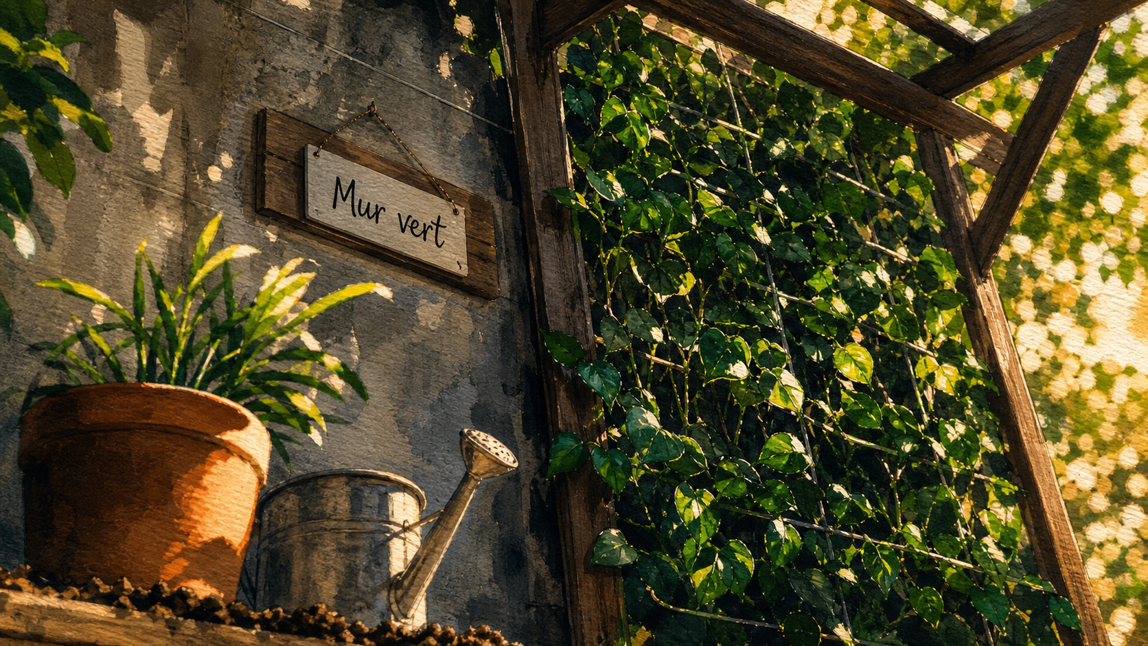 Plante grimpante persistant sur pergola, mur vert toute l’année