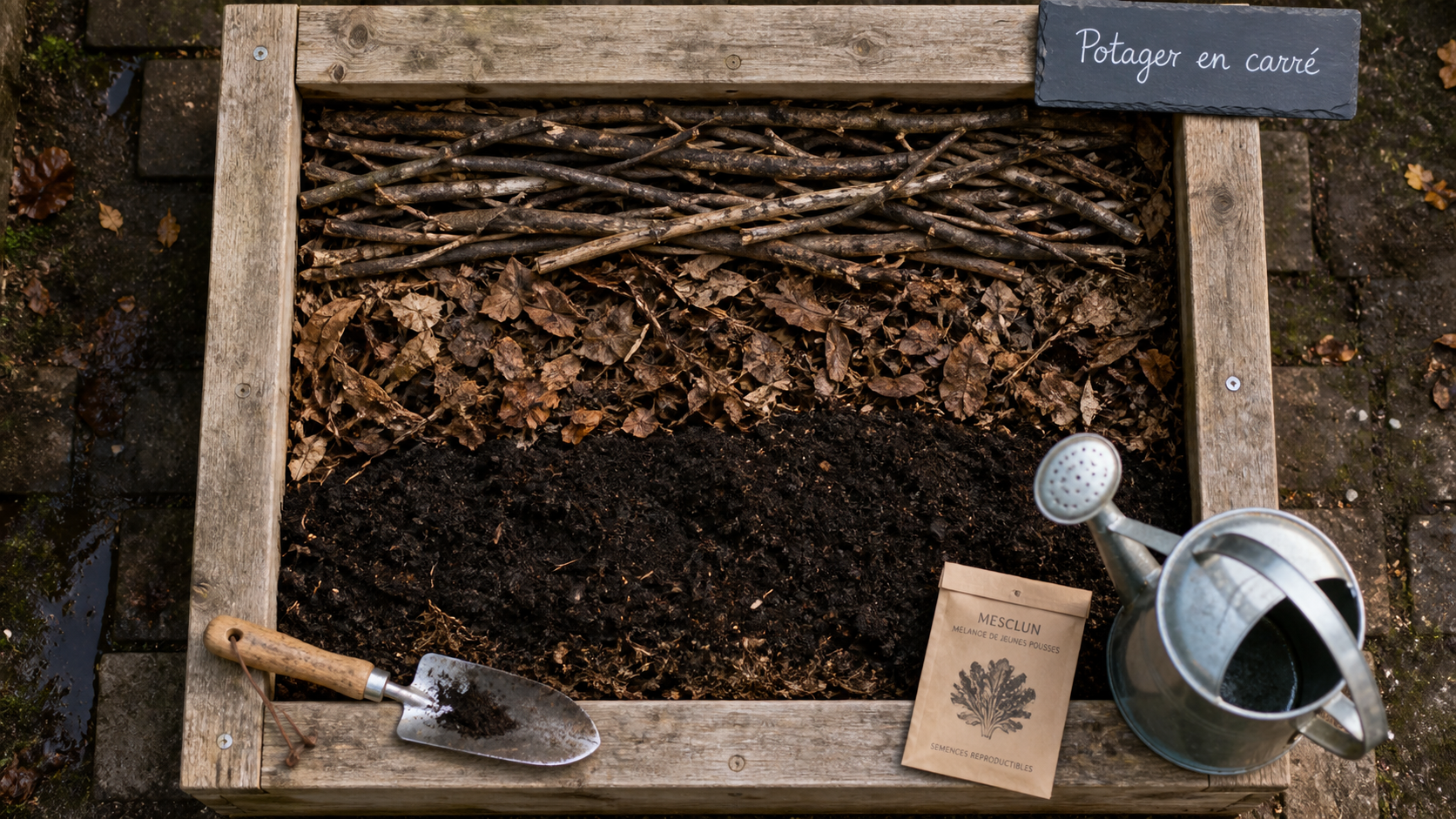 Potager en carré surélevé : branches et substrat, 120 x 60 cm