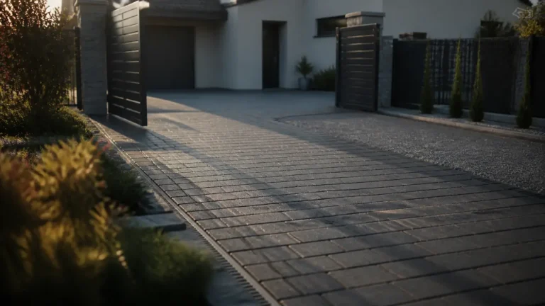 Aménagement allée de maison : pavés carrossables gris et gravier stabilisé drainant