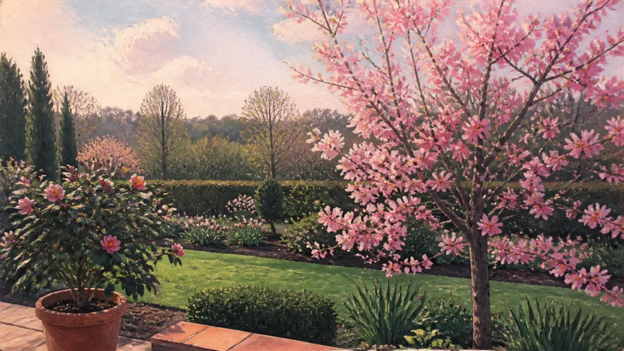 Arbre fleurs roses printemps en fleurs : arbuste et petit arbre rose au jardin