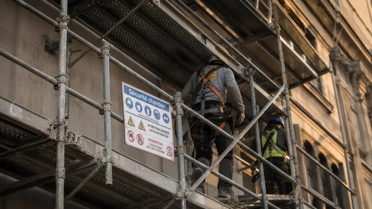 Échafaudage fixe ancré au mur, chantier sécurisé en hauteur