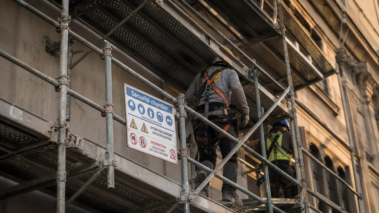 Échafaudage fixe ancré au mur, chantier sécurisé en hauteur