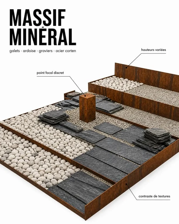 Décoration massif extérieur : exemple de massif contemporain avec galets, ardoise et acier corten