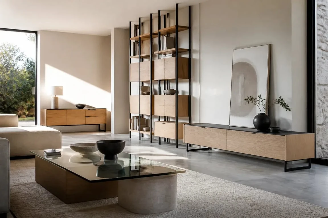 Meuble salon design haut de gamme dans un salon contemporain avec bois, métal et lumière naturelle