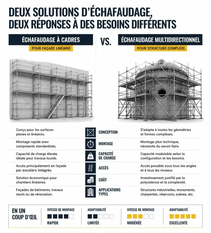 Comparaison visuelle entre échafaudage à cadres et échafaudage multidirectionnel