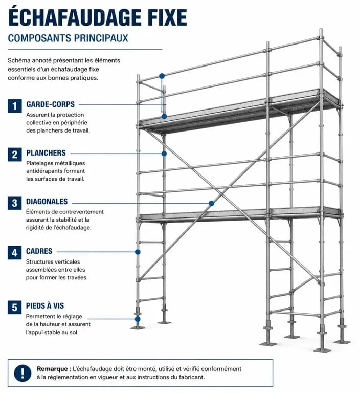 Schéma des composants d'un échafaudage fixe pour chantier de bâtiment