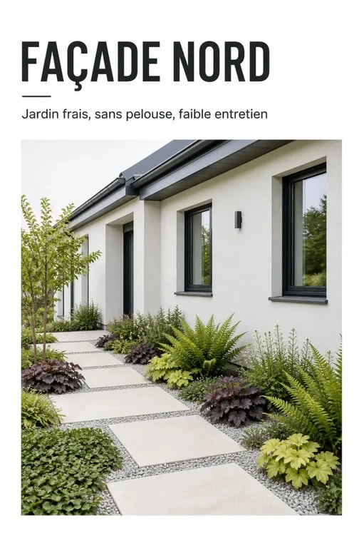 Aménagement devant maison sans pelouse côté nord avec couvre-sols, fougères et dalles claires