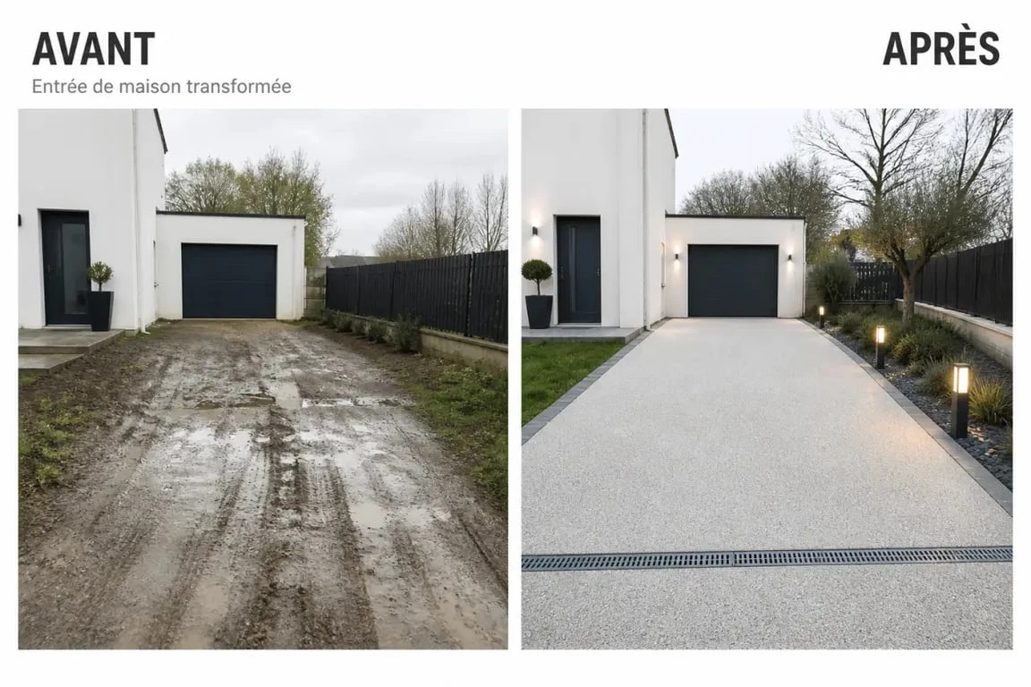 Aménagement allée de maison : transformation avant/après d'une entrée extérieure plus pratique et esthétique