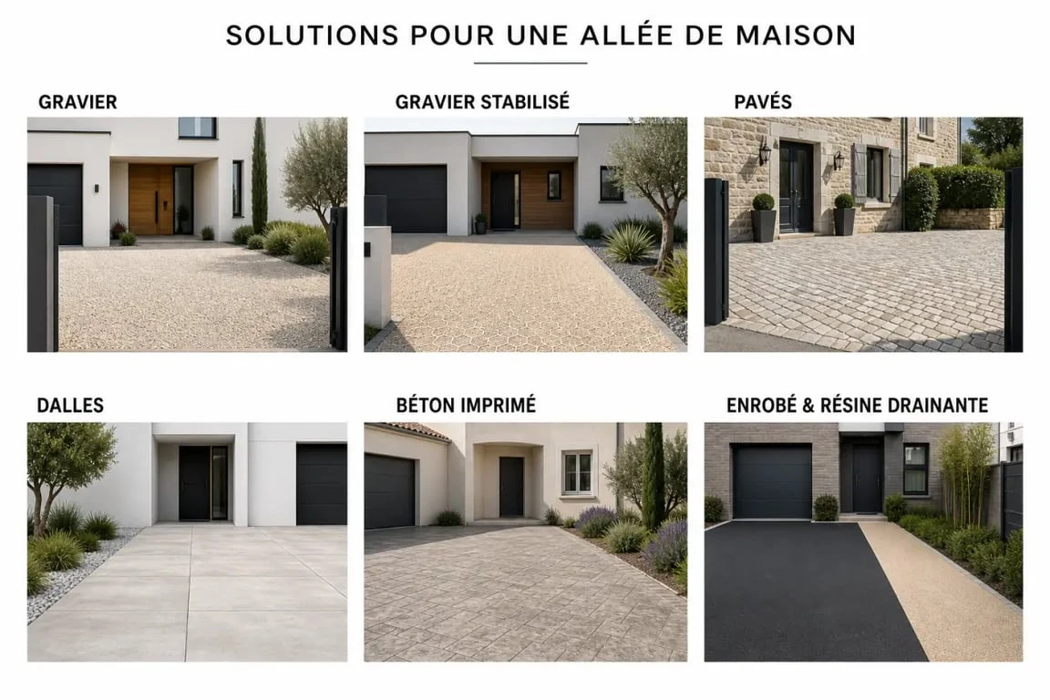 Aménagement allée de maison : aperçu visuel des principaux revêtements pour comparer les ambiances et les usages