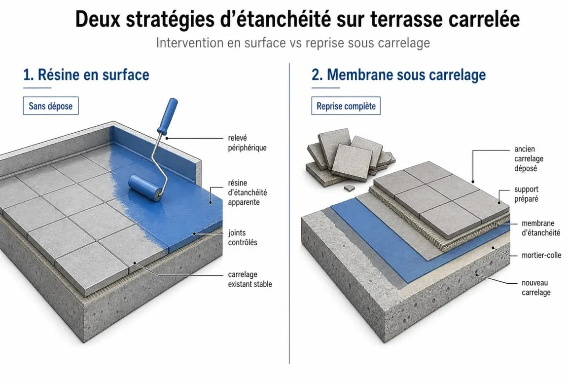 Étanchéité sur carrelage terrasse : comparaison visuelle entre résine en surface et membrane sous carrelage