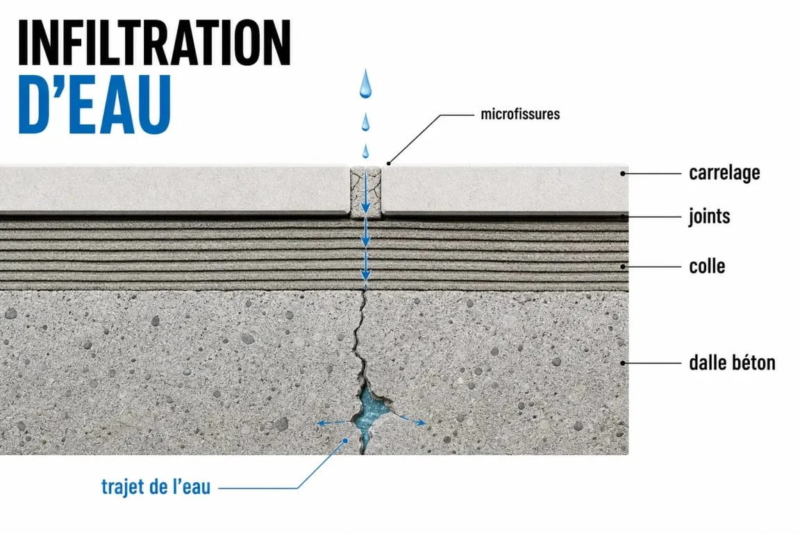 Étanchéité sur carrelage terrasse : coupe technique montrant l’eau qui s’infiltre par les joints et les microfissures