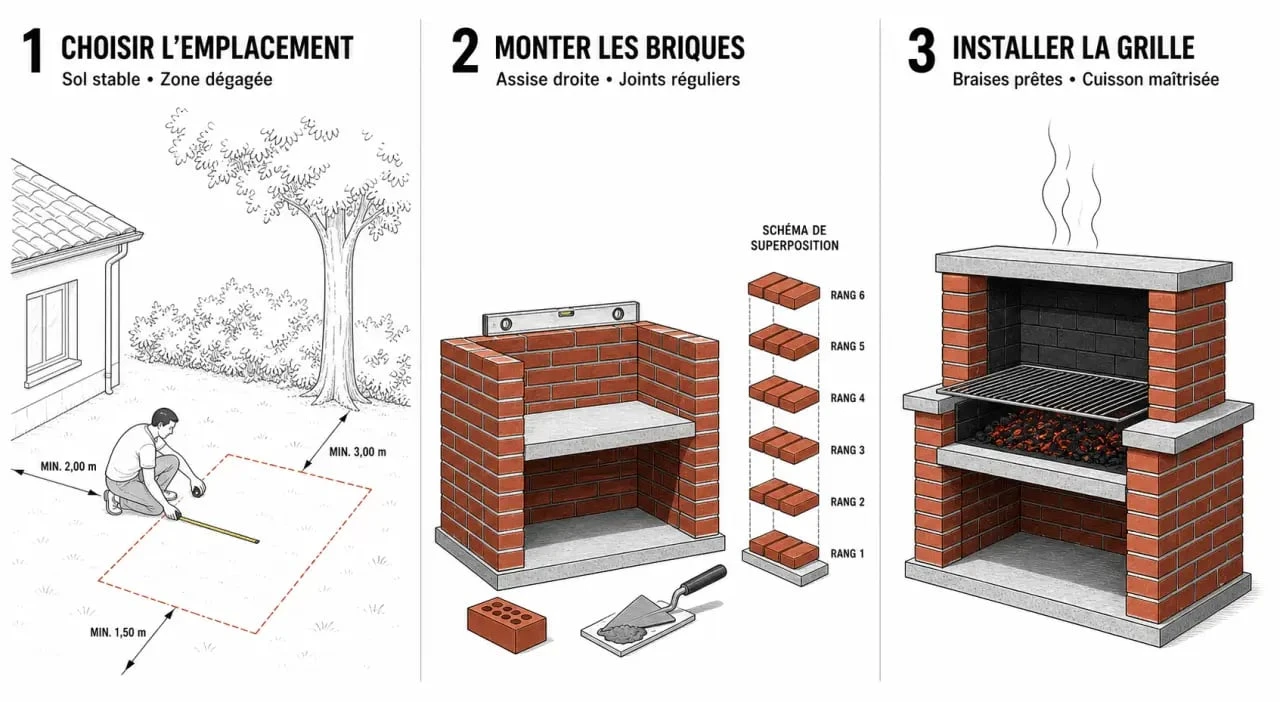 Faire un barbecue maison : étapes visuelles de construction d’un barbecue en briques dans un jardin
