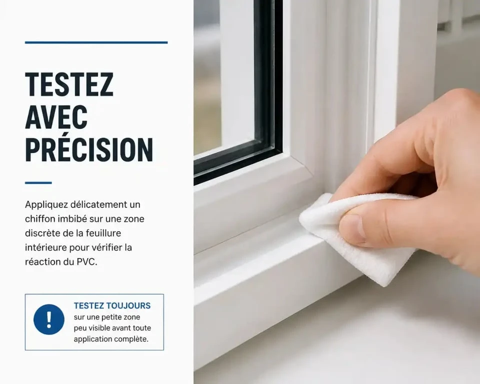 Test de produit sur une zone cachée pour enlever la colle sur une fenêtre PVC
