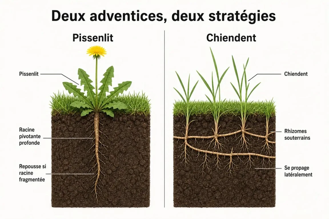 Désherber pelouse : schéma des racines de pissenlit et de chiendent