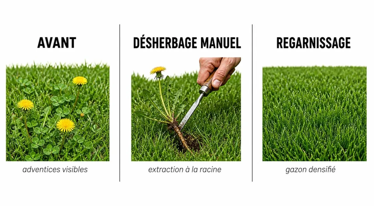 Désherber pelouse : avant, pendant et après le désherbage manuel