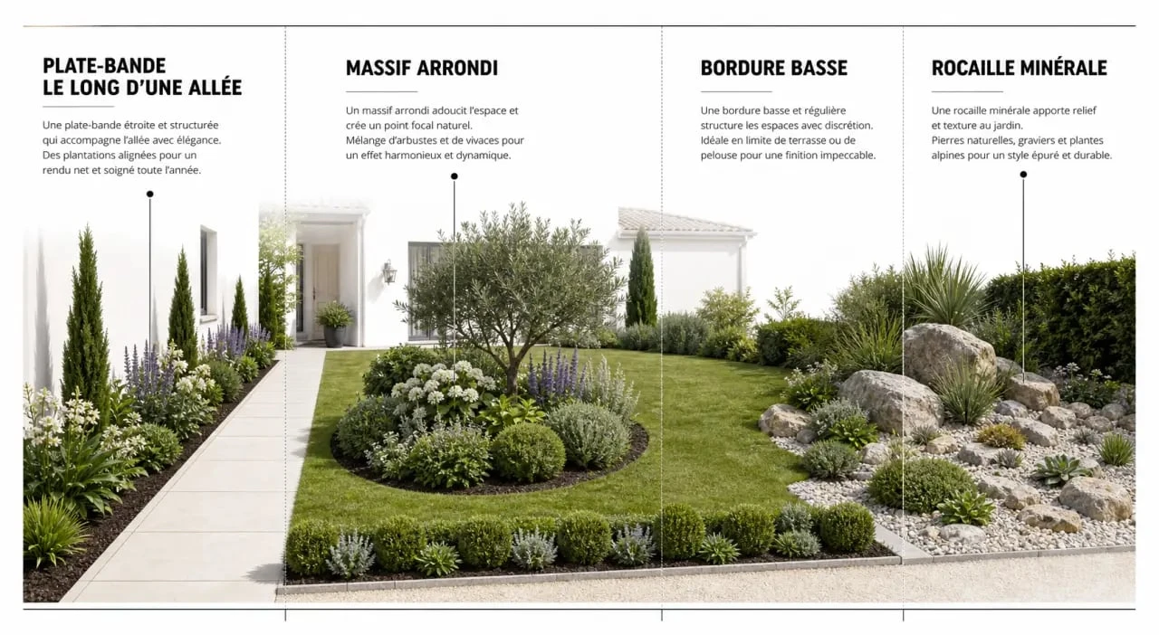 Plate bande jardin : comparaison visuelle entre plate-bande, massif, bordure et rocaille