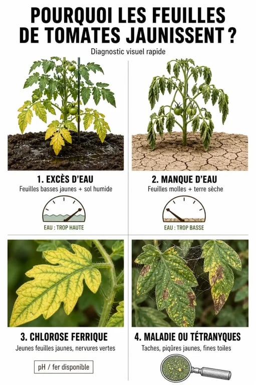 Feuille de tomates jaunissent : infographie de diagnostic entre excès d’eau, manque d’eau, carence et maladie