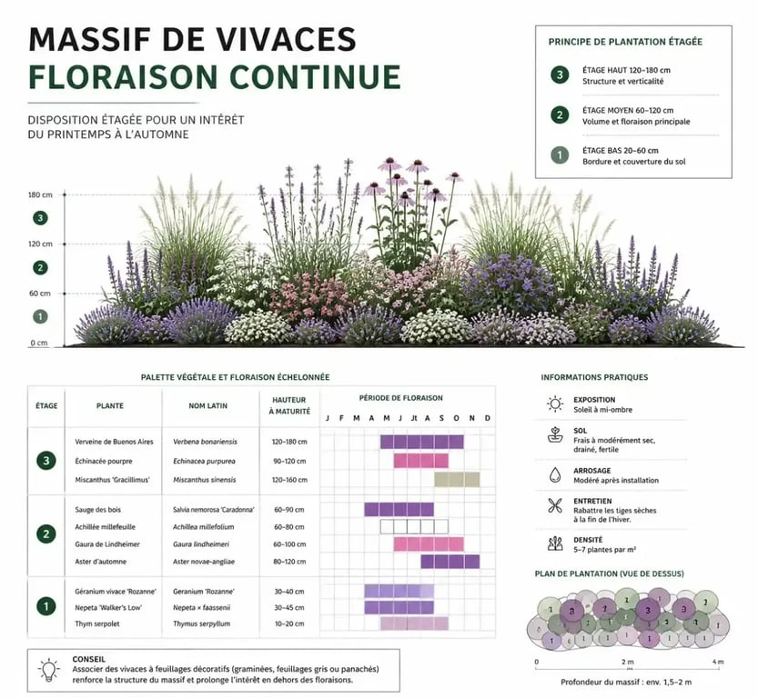Schéma d'aménagement pour une plante qui fleurit toute l'année au jardin
