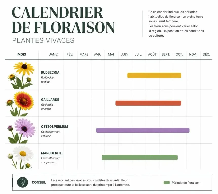 Calendrier de floraison des plantes qui fleurissent toute l'année pour le jardin