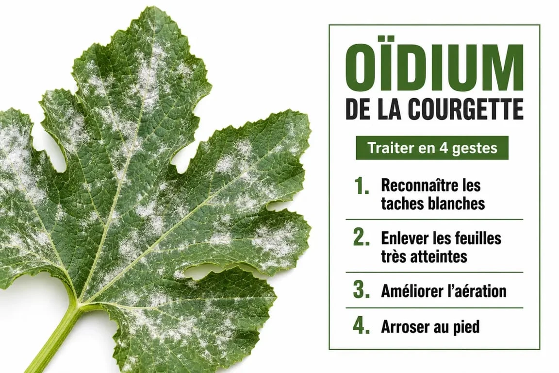 Traitement oïdium courgette : illustration des symptômes et des gestes de traitement au potager