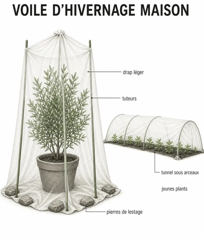 Voile d’hivernage fait maison installé sur un arbuste en pot avec tuteurs et fixation à la base