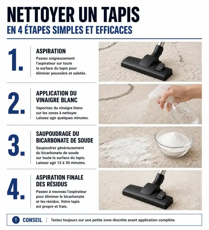 Étapes pour nettoyer un tapis avec du vinaigre blanc et du bicarbonate de soude